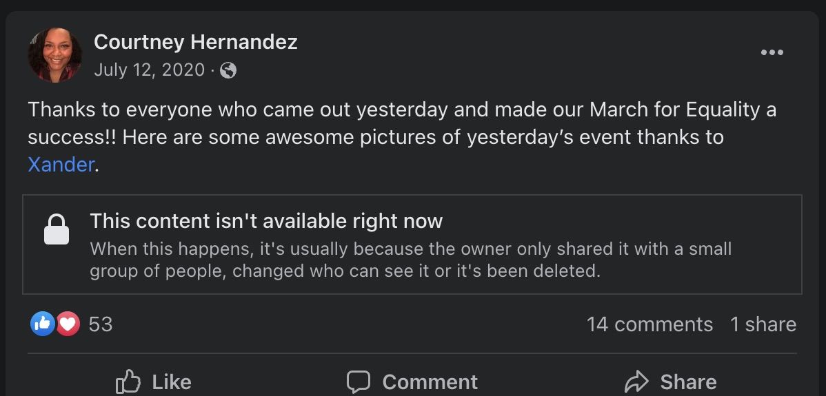 Facebook post of Courtney Hernandez thanking Xander Deccio for photographing an event for the Selah Alliance for Equality.