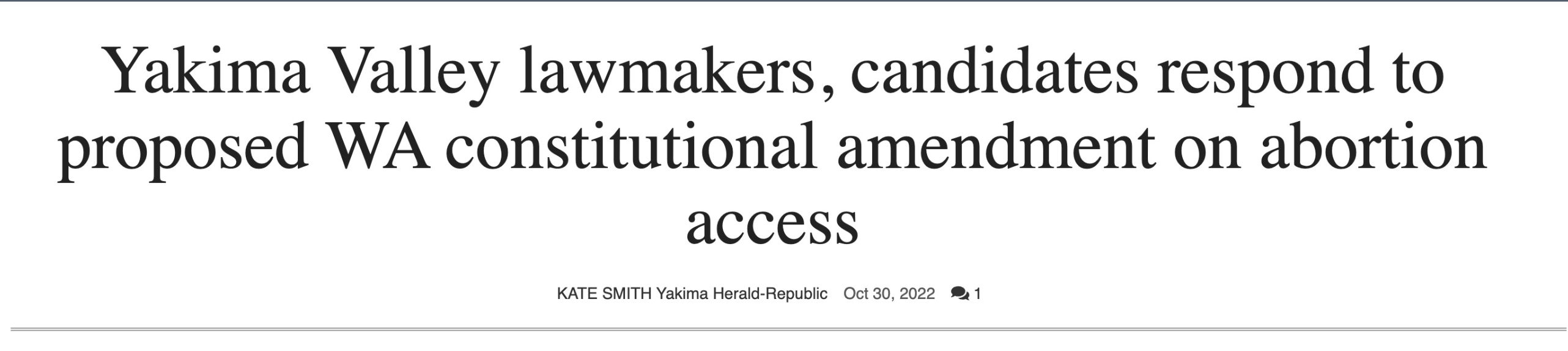 Headline from the Yakima Herald-Republic discussing candidate's views on abortion.