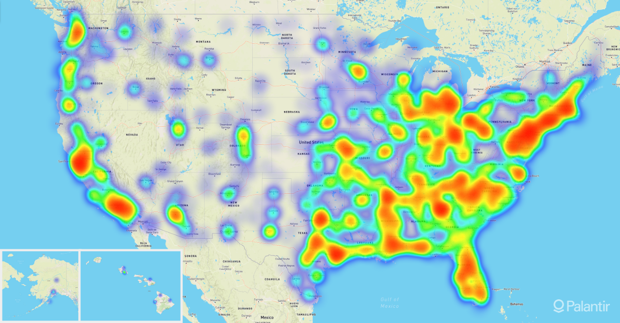 A heat map of human trafficking activity across the United States.