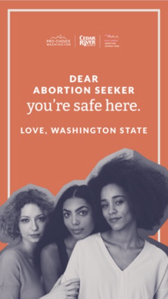Orange billboard showing pro-choice women welcoming abortion seekers in WA.