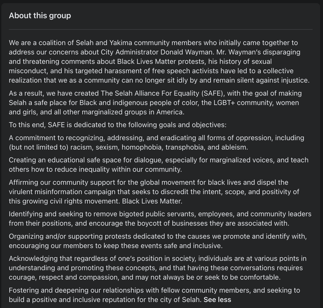 The Selah Alliance for Equality's About statement on Facebook filled with far left political sentiments.