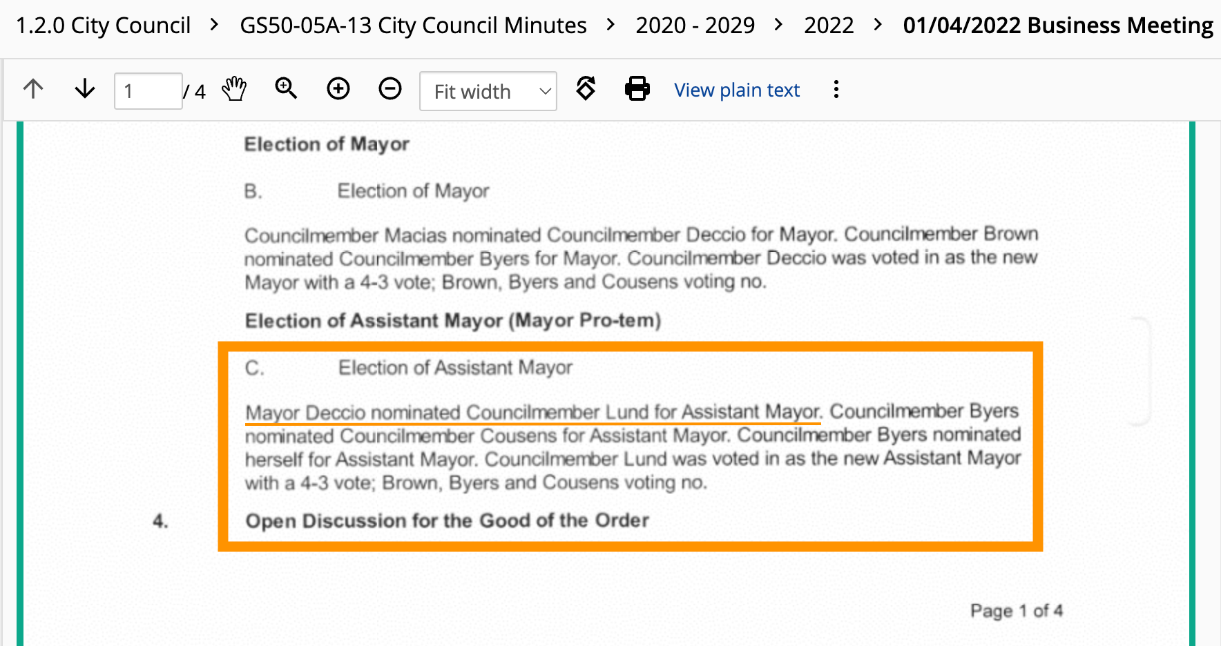 Document showing the appointment of Yakima Mayor Janice Deccio & Assistant Mayor Soneya Lund.