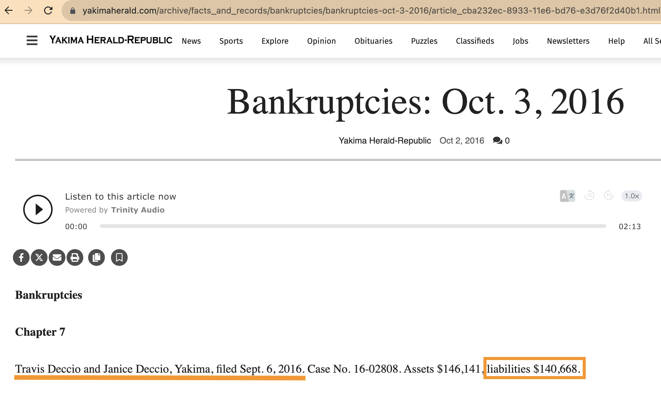 Yakima Herald-Republic Chapter 7 Bankruptcy for Janice and Travis Deccio showing $140K liabilities.