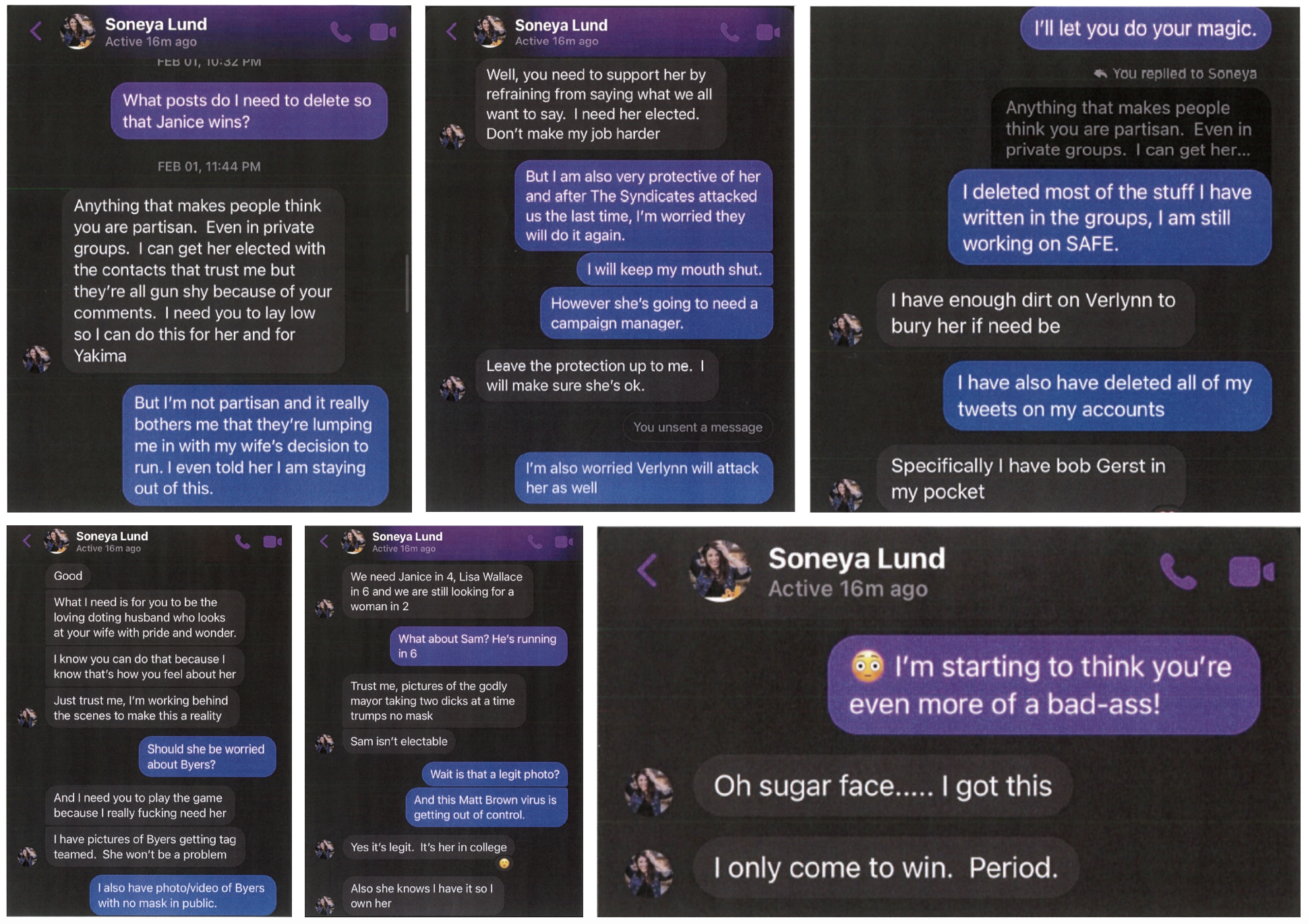 Messages between Soneya Lund and Travis (Xander) Deccio conspiring to blackmail Mayor Byers.