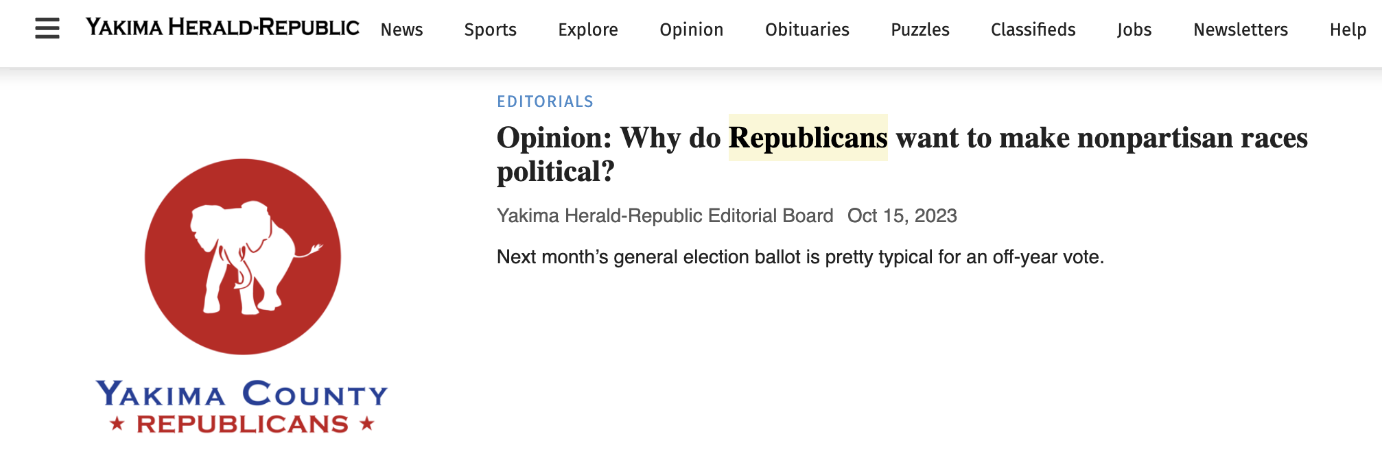 Headline from the Yakima Herald-Republic with the local GOP logo.