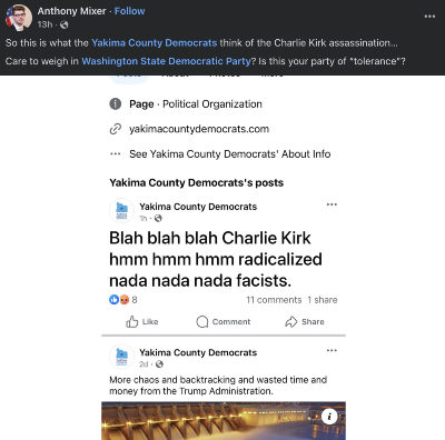 A Facebook post showing that the Yakima County Democrat party's sympathies were false.