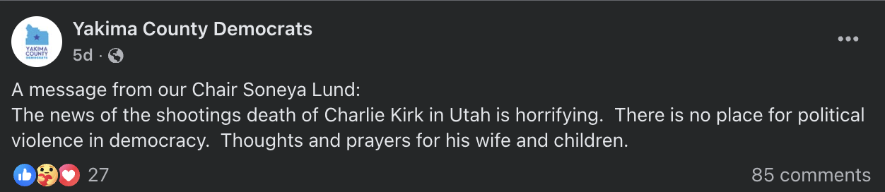 Facebook post from Soneya Lund expressing sympathies for the Kirk family.