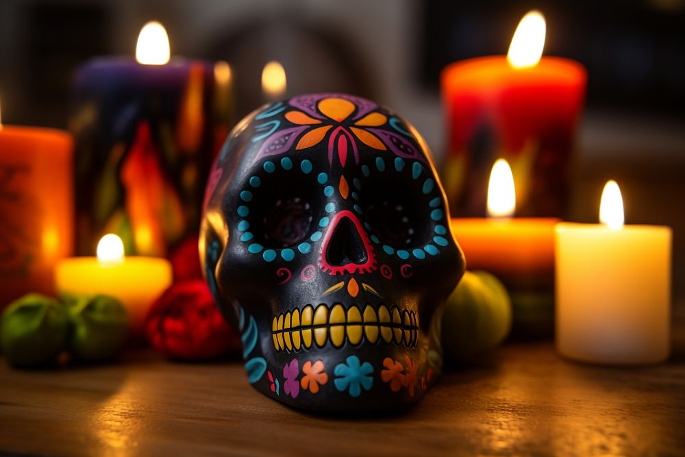 Colorful Dia de los Muertos skull in front of lit candles.
